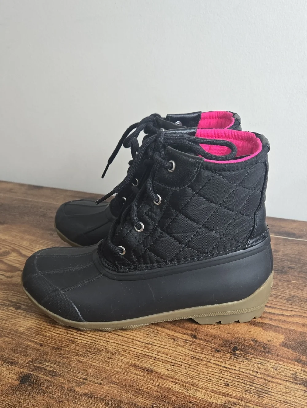 Sperry Girls' Port Quilted Duck Boots Sz 3 Black/Pink Rain Snow Winter Boots